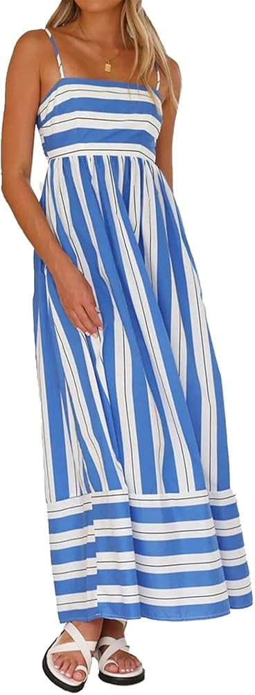 Women's Striped Spaghetti Strap Maxi Dress Sleeveless Back Smocked Cutout Flowy Long Cami Dress | Amazon (US)