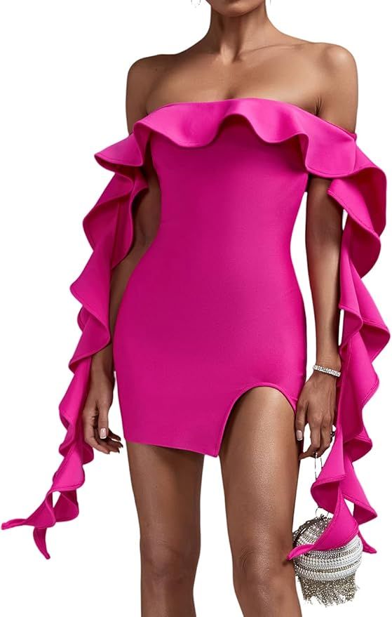 whoinshop Off Shoulder Ruffle Bodycon Dress Sexy Split Celebrity Prom Party Cocktail Bandage Dres... | Amazon (US)