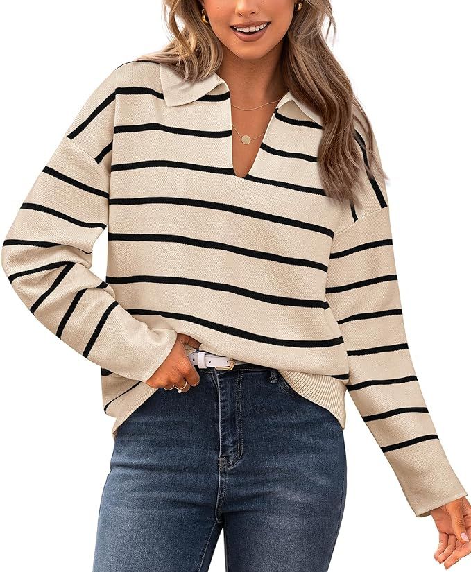 CFLONGE Women's Casual Striped Pullover Sweater Long Sleeve Polo V Neck Lightweight Loose Fit Dro... | Amazon (US)