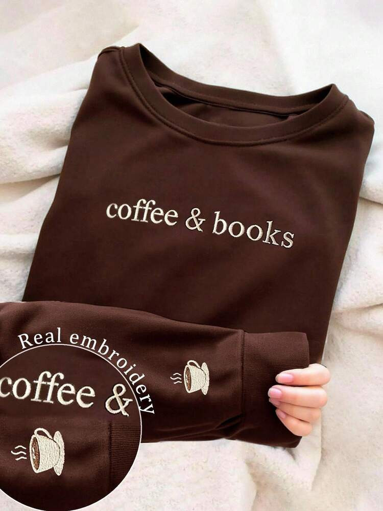 Lalippa Women's Casual Coffee Letter Embroidery Sweatshirt, Autumn/Winter | SHEIN