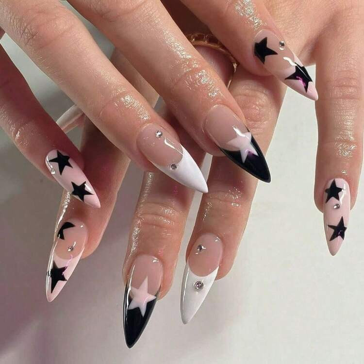24 Cross-Border New Wearing Nail Pads, Almond-Shaped Black And White French Pink Stars, Detachabl... | SHEIN