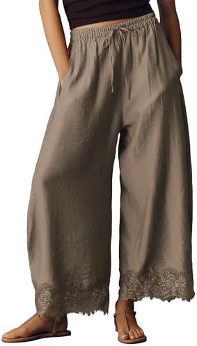 Womens Cropped Lace Hem Pants Flowy Wide Leg Casual Beach Trousers | Loose Lace Trim Balloon Pant... | Amazon (US)