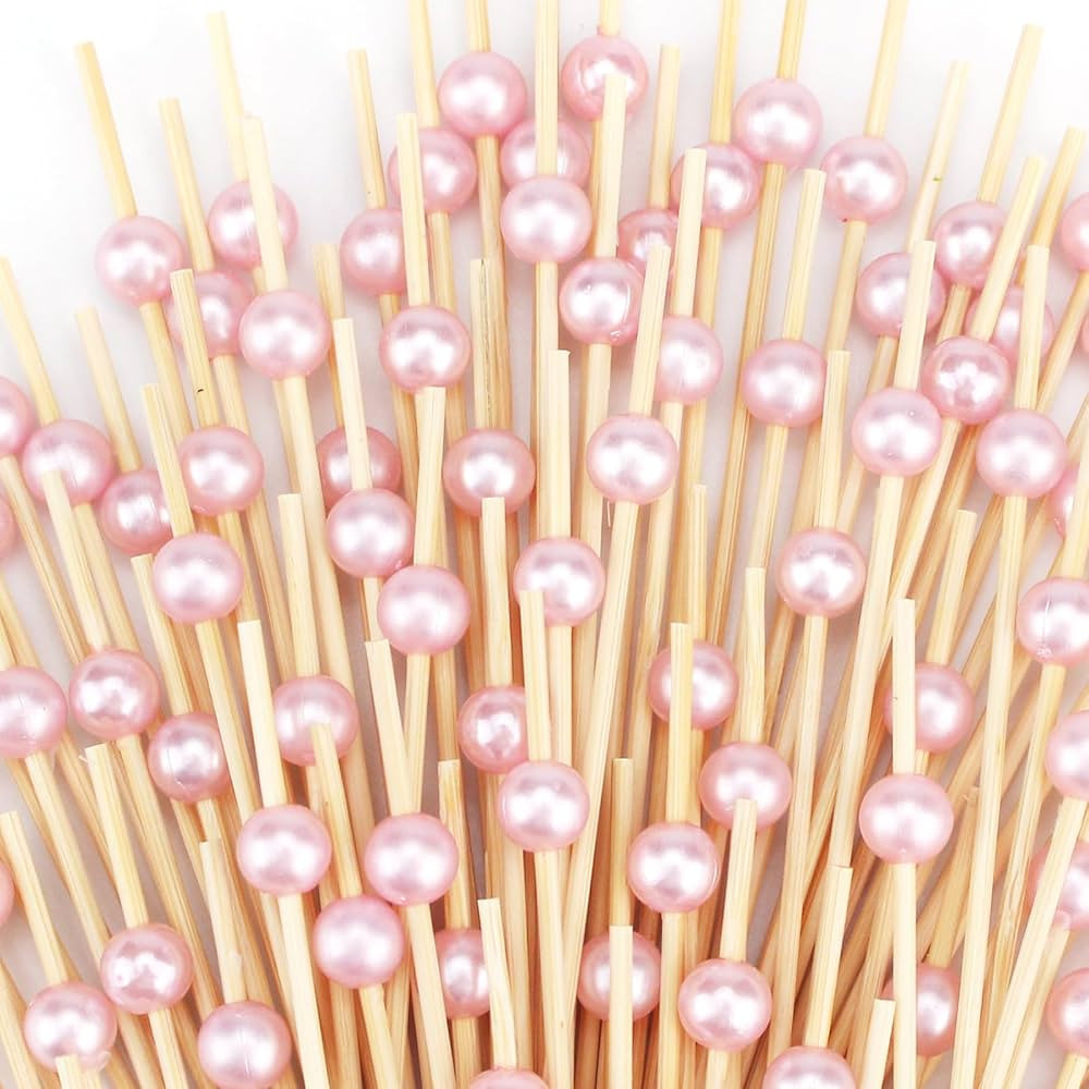 200 PCS Pink Cocktail Toothpicks for Appetizers, Natural Bamboo Coctail Skewers Sticks, Pearl Dec... | Amazon (US)