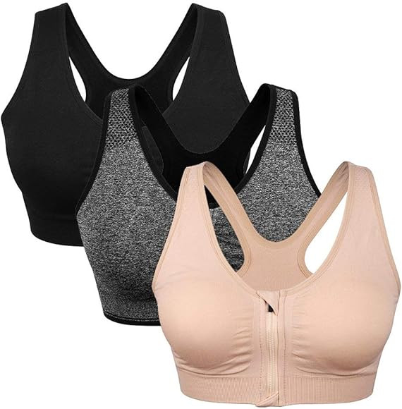 Women's Zip Front Sports Bra Wireless Post-Surgery Bra Active Yoga Sports Bras | Amazon (US)