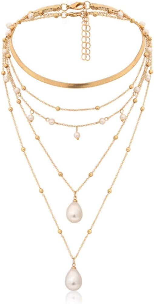 fxmimior Boho 5 Tier Gold Punk Chain Layered Necklace Dainty Pearls Pearls Pendant Long Choker Ne... | Amazon (US)