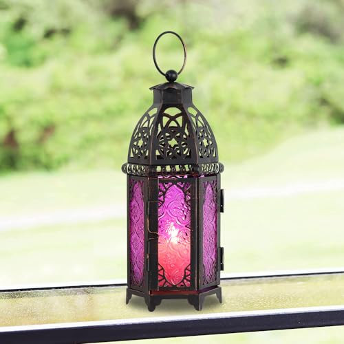 DECORKEY Halloween Lanterns Decorations Indoor & Outdoor, 11’’ Medium Size Vintage Metal Hanging&Tabletop Candle Holder Decor, Christmas Ramadan Decorations for Home Porch Patio (Purple) | Amazon (US)