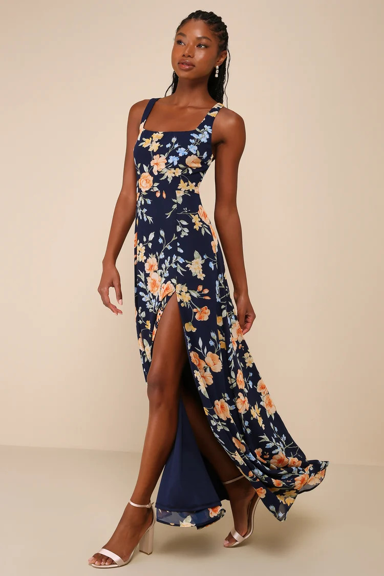 Remarkable Arrival Navy Blue Floral Sleeveless Maxi Dress | Lulus