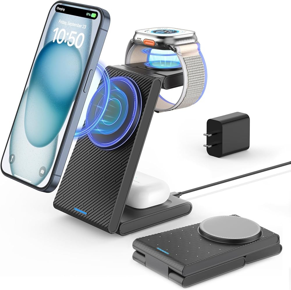 3 in 1 Wireless Charging Station for MagSafe, Foldable Magnetic Wireless Charger Stand for Multip... | Amazon (US)