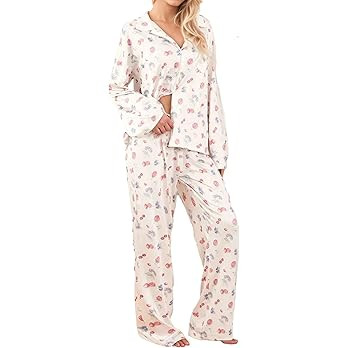 Womens 2 Piece Floral Fruit Button Down Pajama Sets Cute Long Sleeve Wide Leg Soft Pjs Loungewear | Amazon (US)