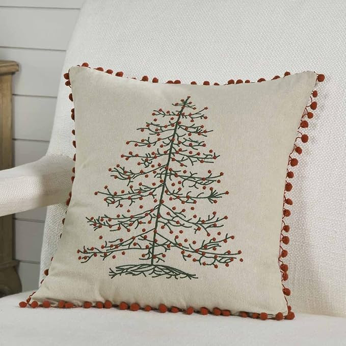 Piper Classics Timeless Ticking Red Embroidered Christmas Tree Throw Pillow Cover, Country Farmho... | Amazon (US)