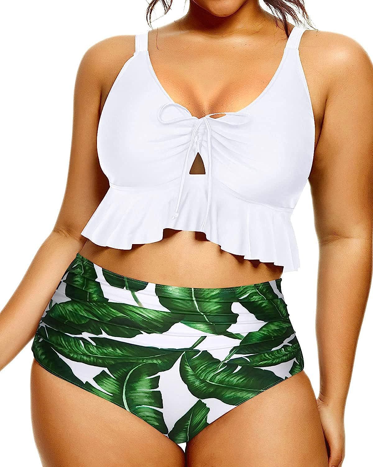 Daci Women Plus Size Two Piece Swimsuits High Waisted Bikini Set Ruffle Flounce Tummy Control Bat... | Amazon (US)