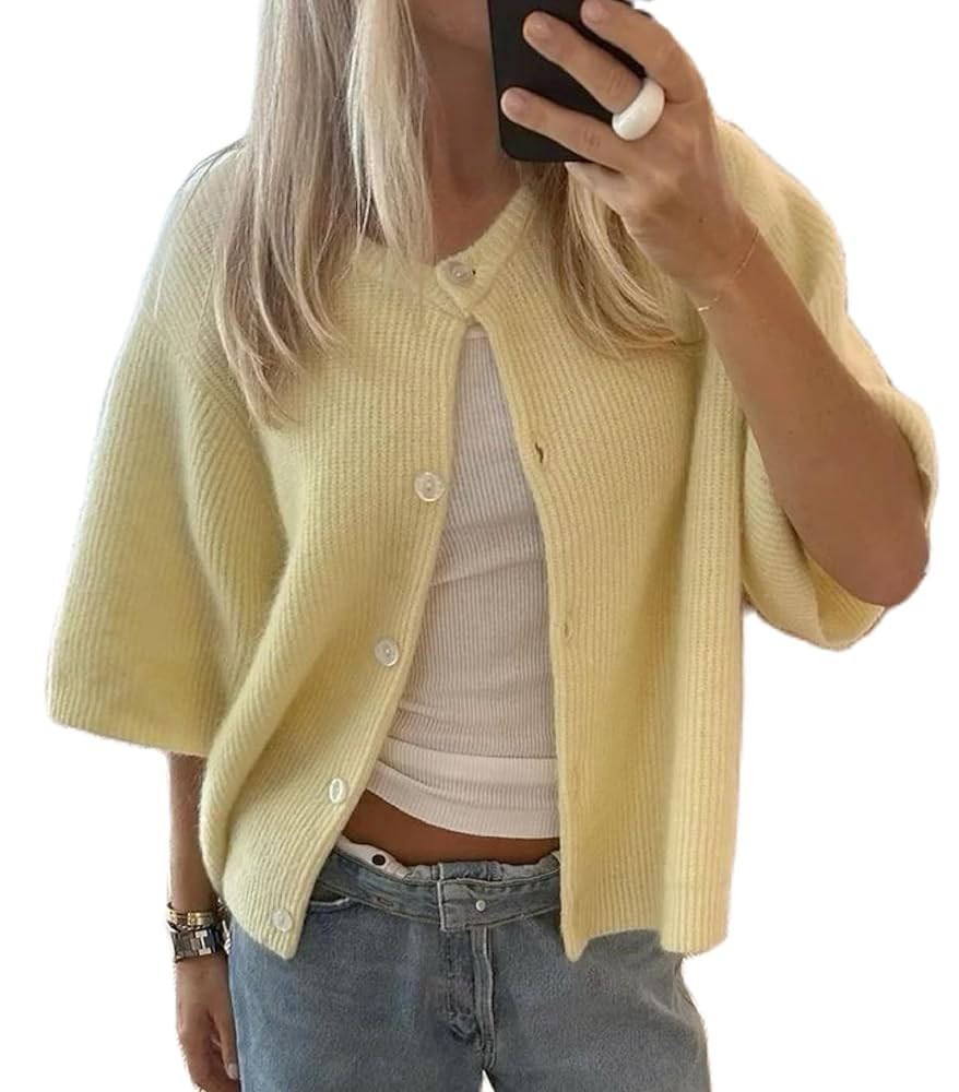 KMBANGI Women Knitted Cropped Blouse Short Sleeve Button Knit Shirt Crop Cardigan Y2k Open Front ... | Amazon (US)