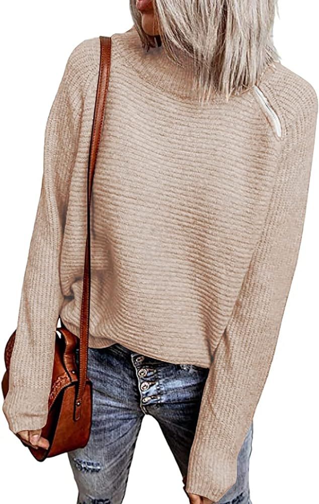 BTFBM Women Casual Long Sleeve Turtleneck Sweaters Oblique Quarter Zip Solid Color Cute Knit Ribbed  | Amazon (US)