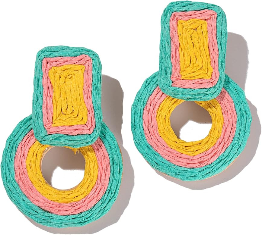 Statement Boho Rattan Dangle Earrings - Handmade Straw Wrap Summer Drop Dangling Earrings for Wom... | Amazon (US)