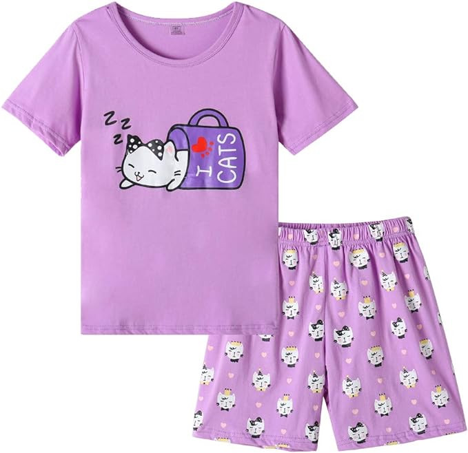 MyFav Young Girls Pajama Cute Cat Pattern Nighty Comfy Shorts Cotton Sleepwear | Amazon (US)