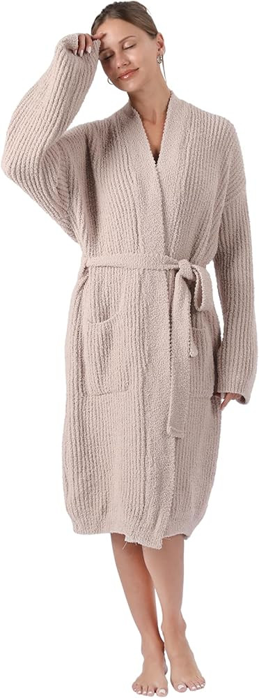 bearberry Cozy Robe Lightweight Soft Plush Robe Vertical Bar Hoodless Sleepwear Nightgown with Po... | Amazon (US)