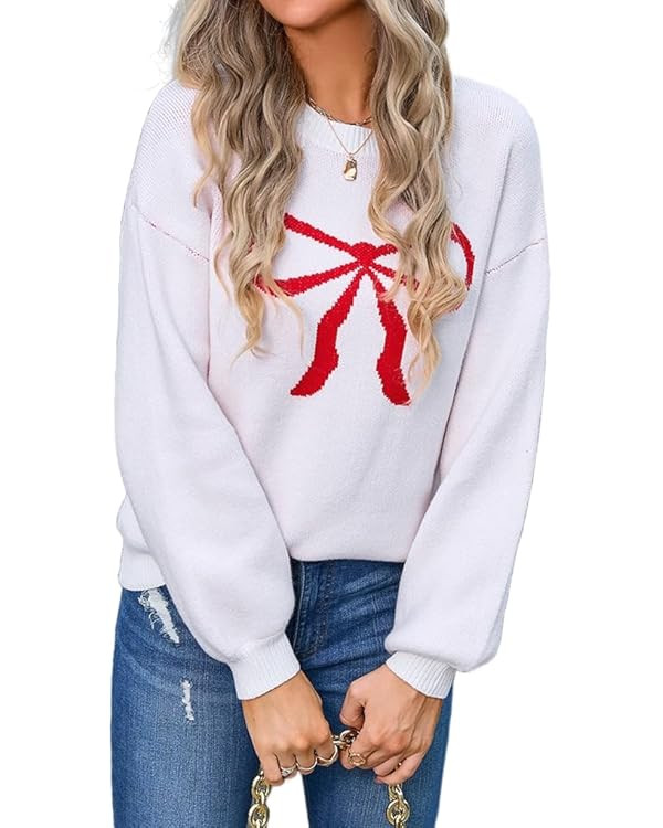Womens Knitted Pullover Bow Sweater Long Sleeve Crewneck Y2k Casual Bow Top | Amazon (US)