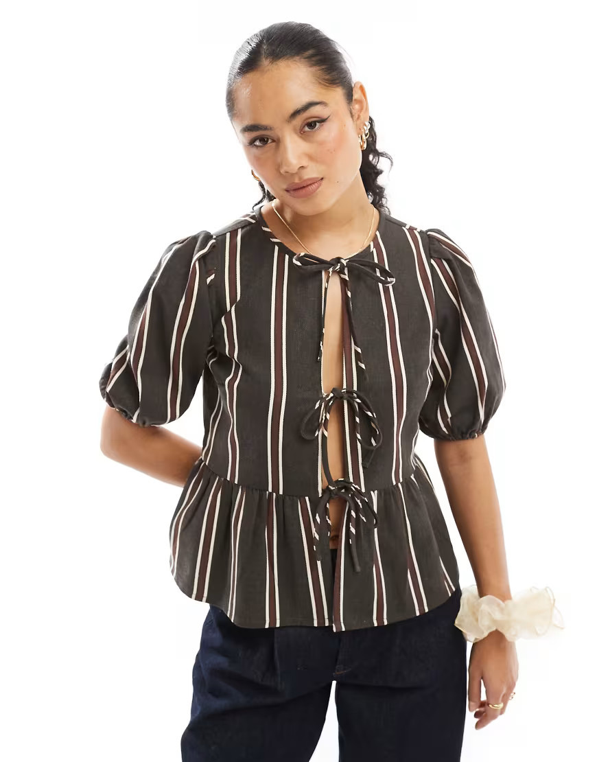 Wednesday's Girl tie front striped blouse in brown | ASOS (Global)