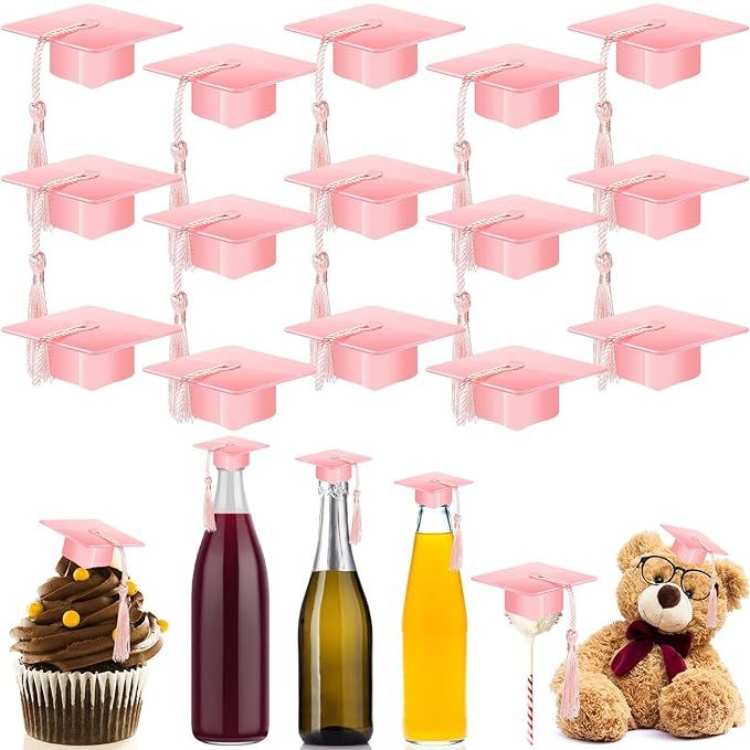 Qunclay 30 Pieces Mini Graduation Cap Pink Hats with Pink Tassels Plastic Grad Cake Pops Cover To... | Amazon (US)