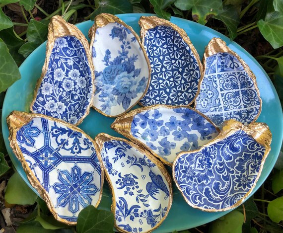 Oyster Shell Ring Dish, Decoupage Chinoiserie Jewelry Holder, Trinket Bowl Coastal Decor, Blue Wh... | Etsy (US)