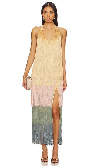 Andrea Iyamah Neme Fringe Midi Dress in Tan. - size S | Revolve Clothing (Global)