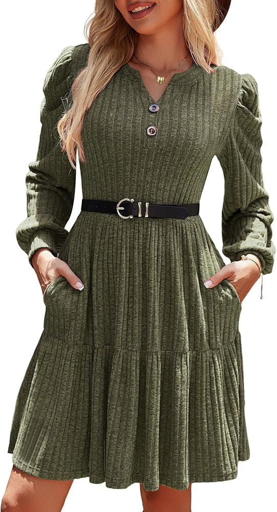 Womens Puff Long Sleeve Fall Dresses 2025 Winter Button Down Knit Sweater Dress with Pockets | Amazon (US)