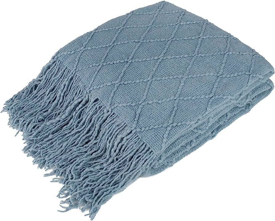 PAVILIA Knitted Throw Blanket Fringe Dusty Slate Light Blue Gray | Decorative Tassel Boho Farmhou... | Amazon (US)