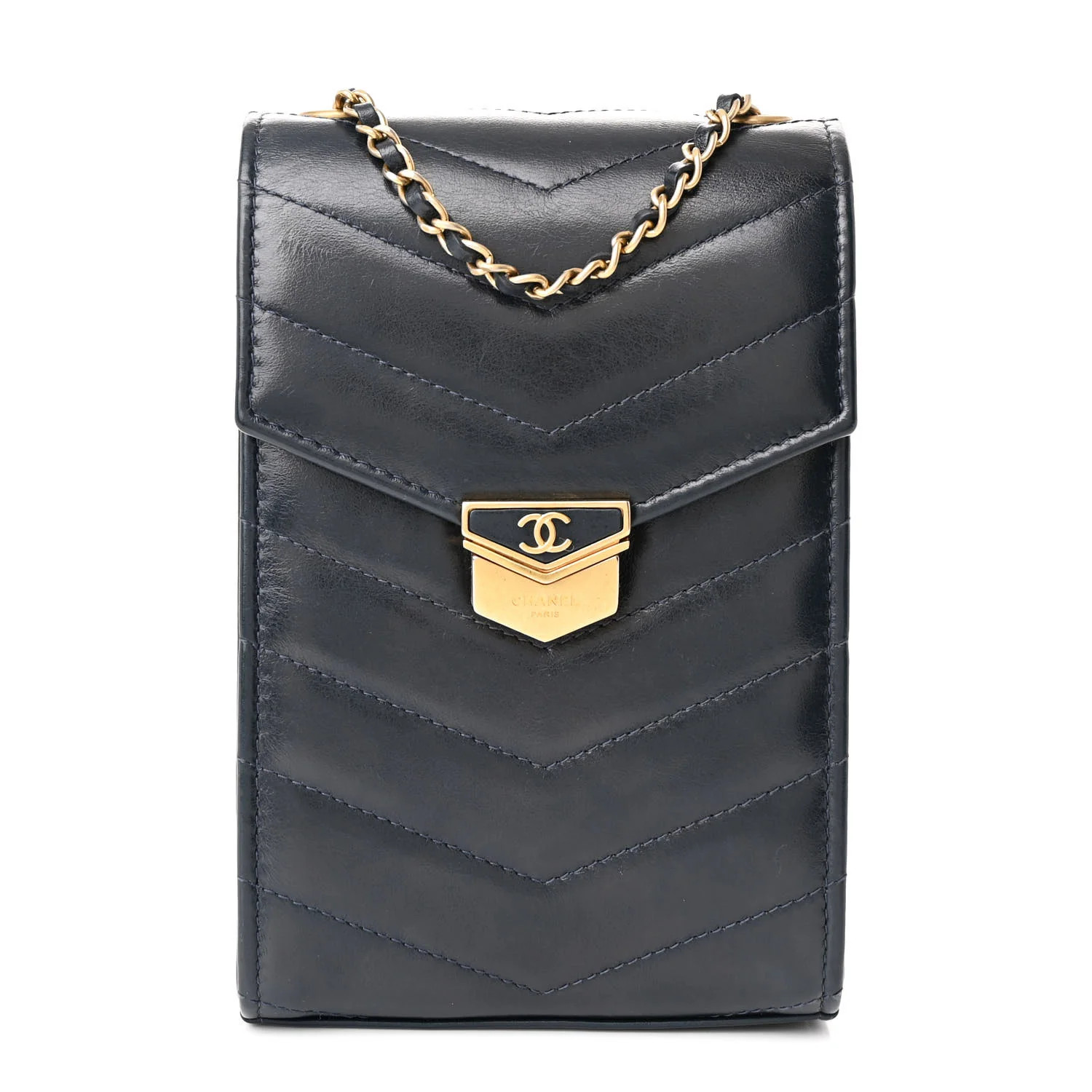 Chanel Calfskin Chevron Quilted Medal Mini Clutch With Chain Navy 1759080 | FASHIONPHILE (US)