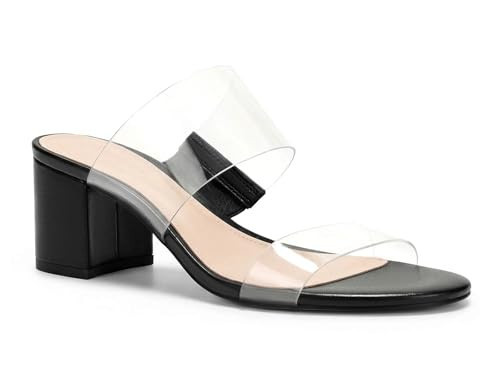 Coutgo Women's Clear Heeled Sandals Transparent Two Strap Chunky Block Heels Mules Open Toe Slip On Dress Shoes, Black, Size 7.5 | Amazon (US)