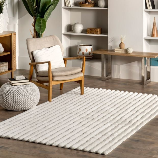 White Kris Washable Striped Faux Rabbit Area Rug | Rugs USA