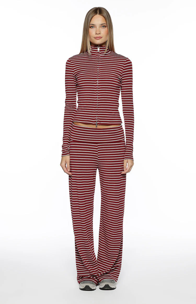 Poppi Burgundy Stripe Double Zip Sweater | Beginning Boutique (US)