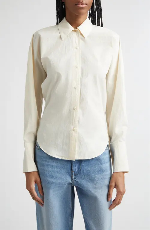 OSSOU Ridge Crinkled Cotton Poplin Button-Up Shirt in Bone at Nordstrom, Size Large | Nordstrom