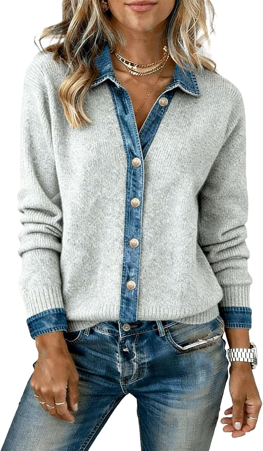 Womens Denim Cardigan Sweater Patchwork Cropped Jean Knit Shacket | Amazon (US)