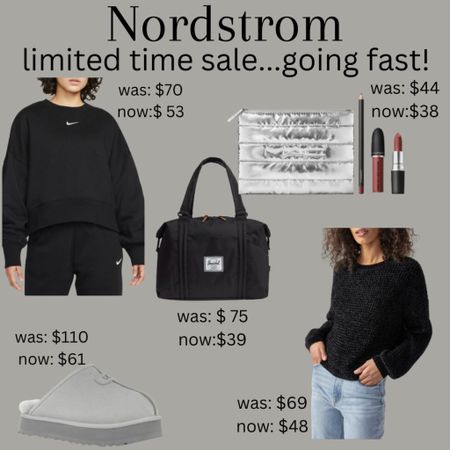 Nordstrom limited time sale! 
Nordstrom sale
Great holiday gifts on sale 
Ugg slippers 
Nike sweatshirt 
Tote 
Beauty sale 
Black sweater 

#LTKSeasonal #LTKsalealert #LTKHoliday