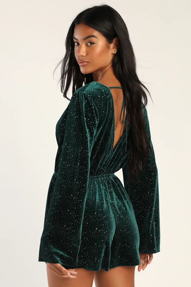 Beneath a Starry Sky Emerald Velvet Sparkly Long Sleeve Romper | Lulus (US)