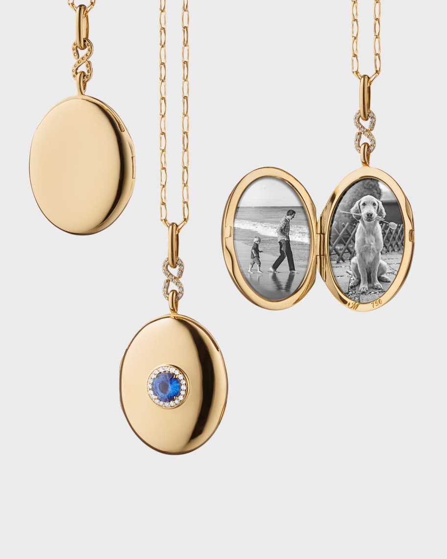 Monica Rich Kosann 18k Yellow Gold Blue Sapphire and Diamond Halo Locket Necklace, 30"L | Neiman Marcus