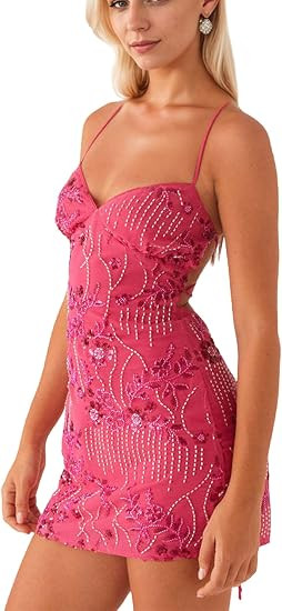 calbatic Women Sequin Sparkly Rhinestone Mini Dress Sleeveless Backless Deep V Neck Glitter Short... | Amazon (US)