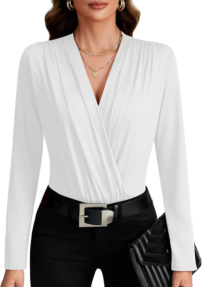 LYANER Women's Wraped V Neck Ruched Long Sleeve Leotard Bodysuit Top | Amazon (US)