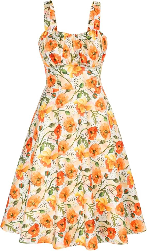 Belle Poque Women's Vintage Sleeveless Solid Floral Ruched Summer Cute A-Line Flowy Swing Midi Dr... | Amazon (US)