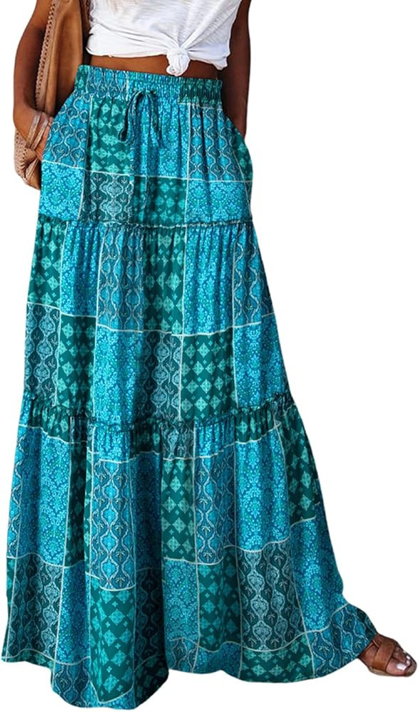 Happy Sailed Womens Floral Print Boho Maxi Skirt Elastic High Waist Pleated Ruffle Flowy Long Ski... | Amazon (US)