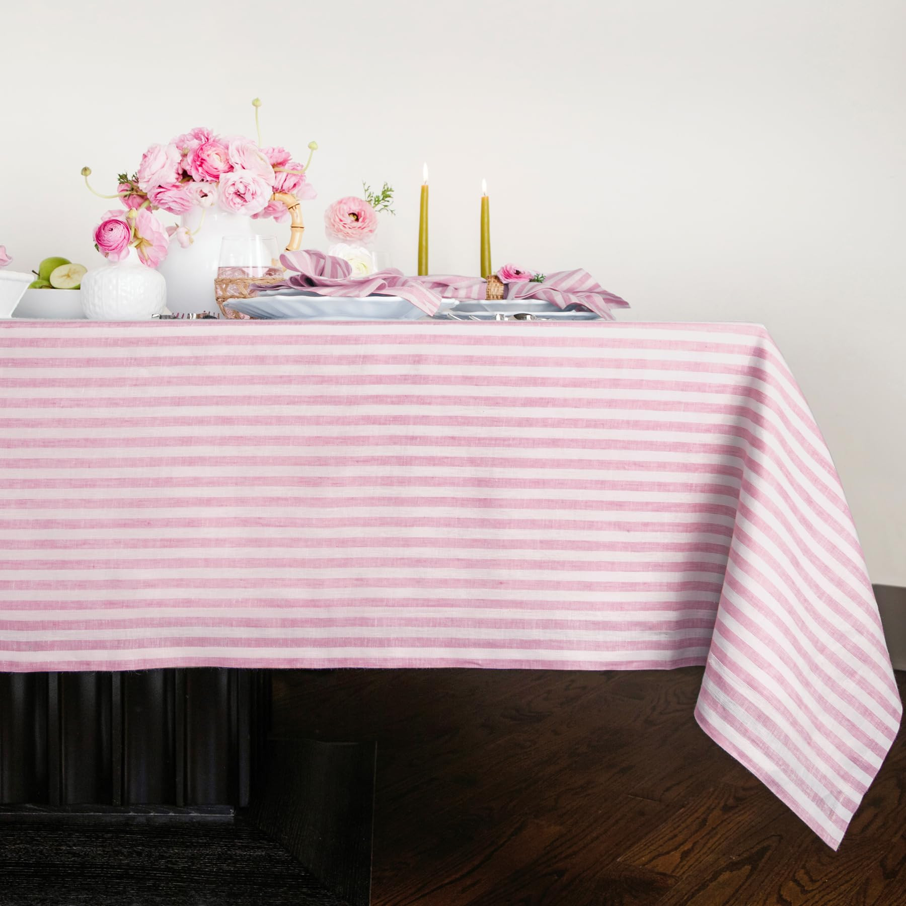 Solino Home Stripe Linen Tablecloth 90" L x 60" W Inch – 100% Pure Linen Cherry Blossom and Whi... | Amazon (US)