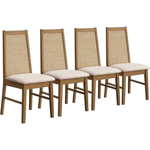 SICOTAS Wood Dining Chairs Set of 4 - Rattan Dining Room Chairs with Solid Wood Leg, Farmhouse Upholstered Kitchen Chairs High Back, Modern Armless Dining Chair for Dining Room, Kitchen, Oak, 4PCS | Amazon (US)