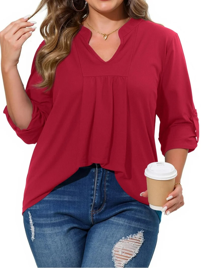 WellSize Plus Size Blouse for Women Dressy Pleated Tunic Tops Roll Up 3/4 Sleeve Shirts | Walmart (US)