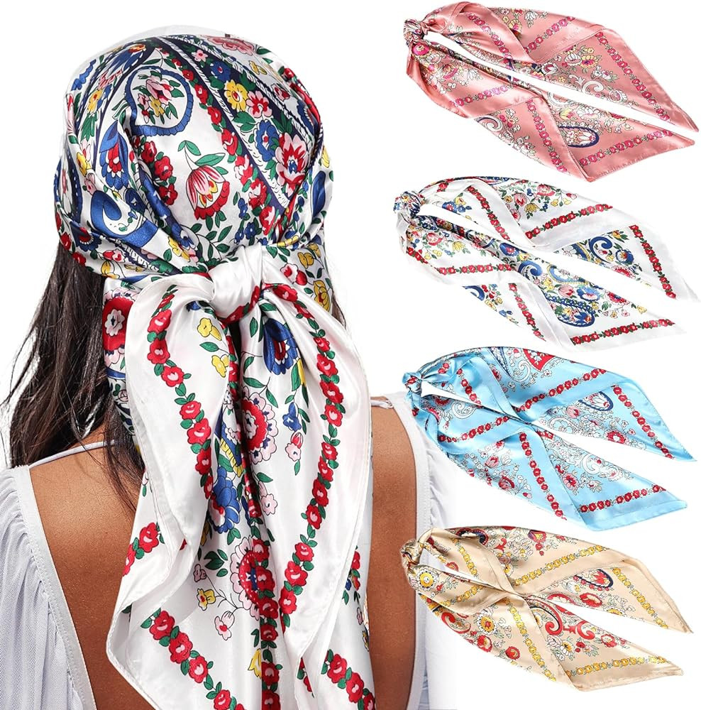 AWAYTR 35” Satin Large Square Head Scarves - 4PCS Silk Like Neck Scarf Hair Sleeping Wraps Sati... | Amazon (US)