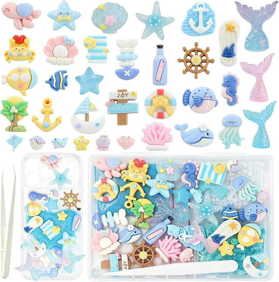 RidaaFri Junk Case Charms Kit, 3D Flatback Pearls Set, Blue Ocean Beach Themed Cute Starfish Turt... | Amazon (US)