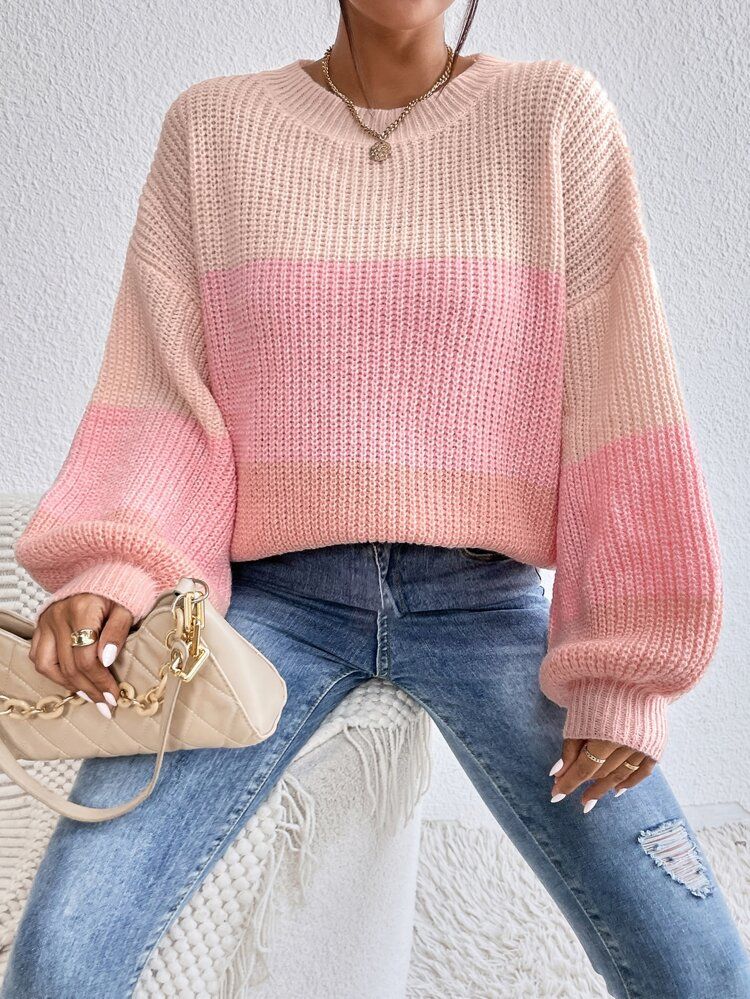 Colorblock Bishop Sleeve Ribbed Knit Sweater | SHEIN
