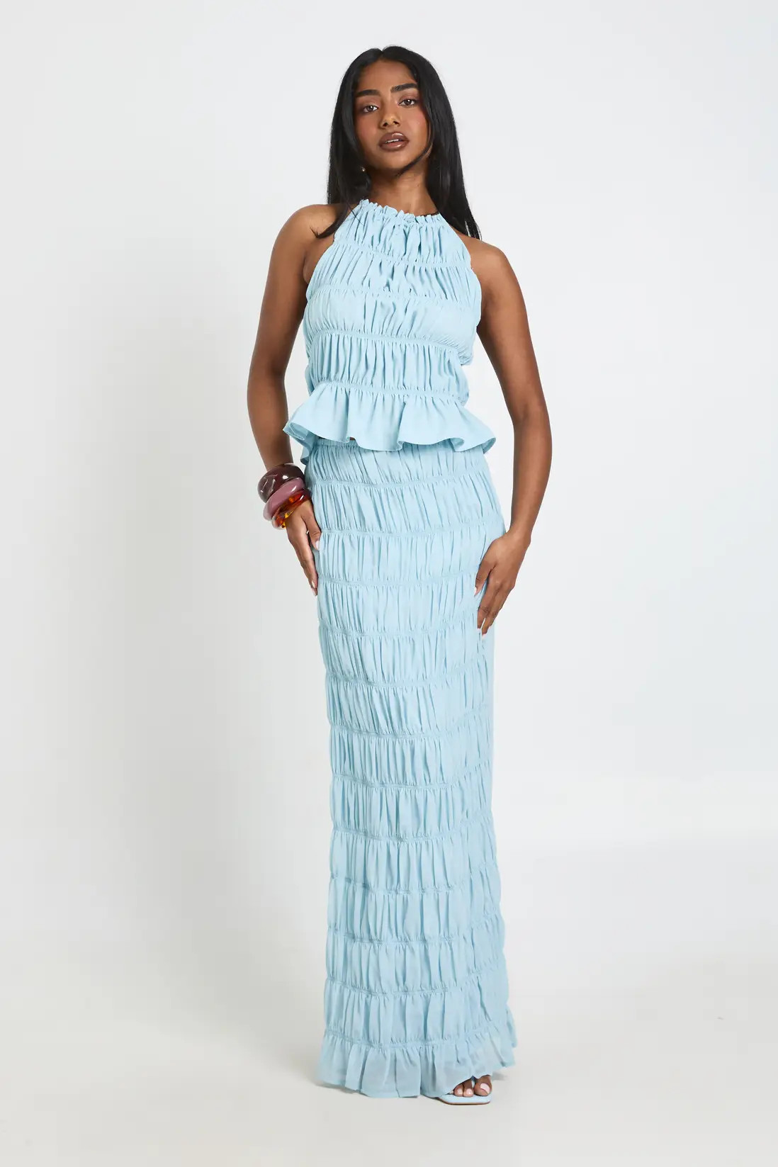 Baby Blue Shirred Chiffon Halterneck Top | Boohoo | Boohoo.com (UK & IE)