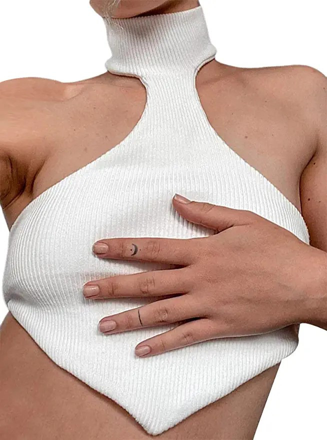 Remidoo Women's Halter Backless Ribbed Knit Asymmetrical Hem Crop Tank Top | Amazon (US)