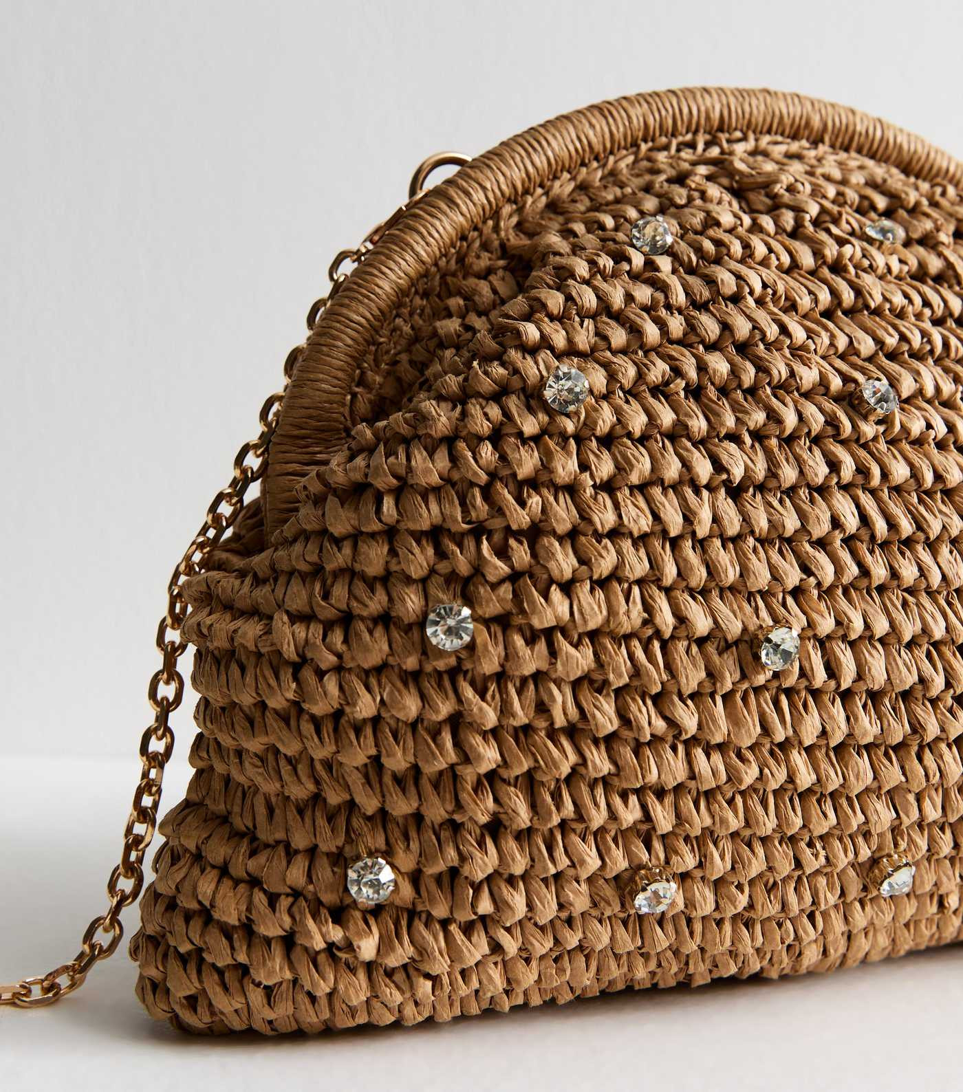 Stone Diamanté Stud Raffia Look Slouchy Clutch Bag | New Look | New Look (UK)