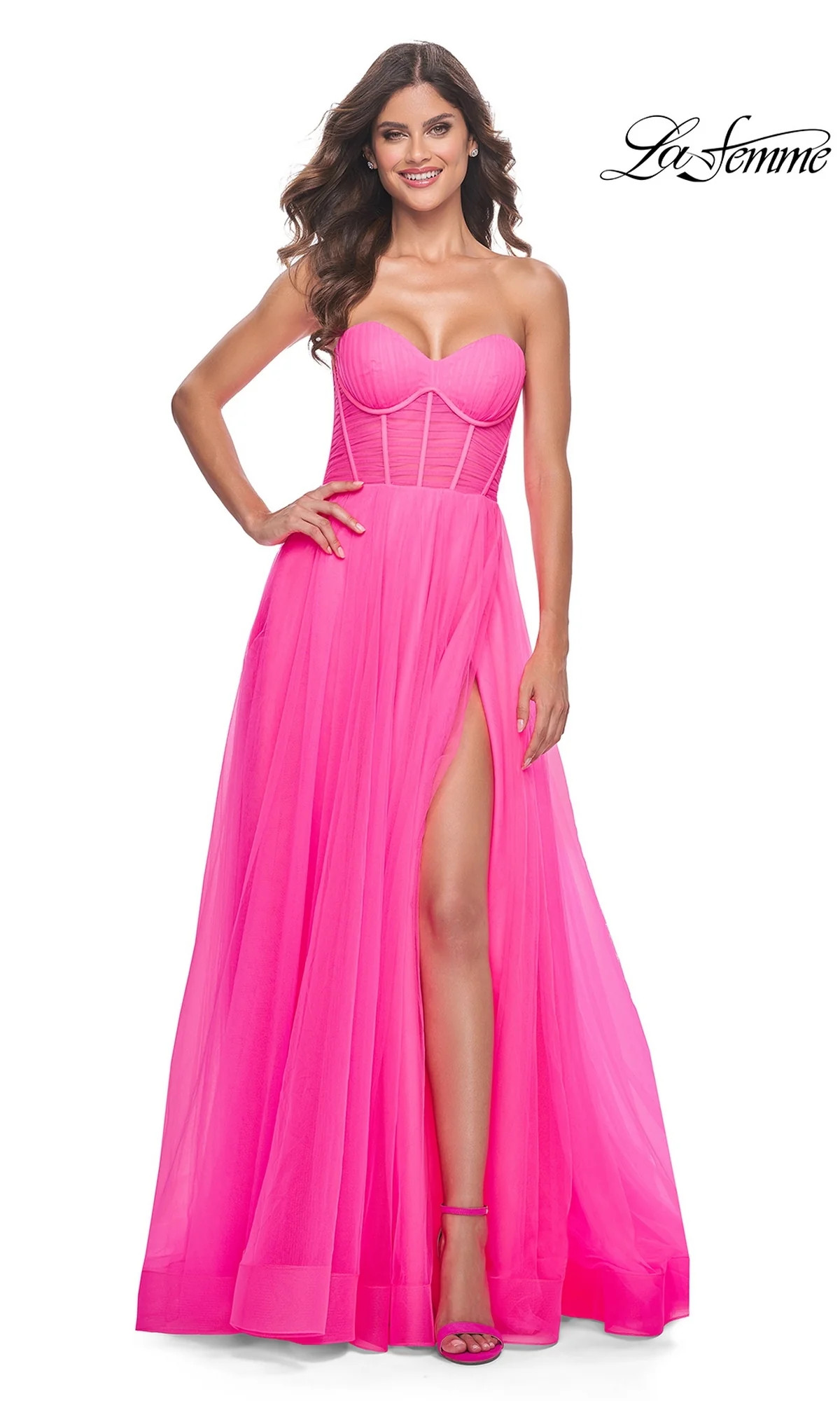 La Femme Long Pink Corset A-Line Prom Dress 32341Neon Pink / 16 | Prom Girl